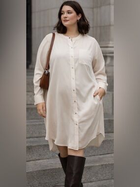 Eileen Fisher 100% Silk Tunic Shirt Dress Cream Oversized Minimalist Classic 2X